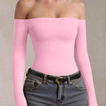 OQQ Bodysuits Womens Off-Shoulder Long Sleeve Seamless Shapewear Tops Pink cherry blossom