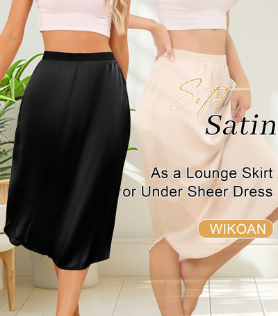 Wikoan 2 Pack Half Slip for Under Dresses Lace Long Satin Underskirt Women's Half Slip Anti Static Skirt Extender,Black & Nude,XXL