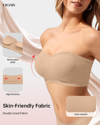 OEAK Supportive Strapless Bras for Women Push Up Wireless Bandeau Bra Non Slip Seamless Bras Comfortable Padded Bralette Sand L