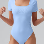 OQQ Women Bodysuits Ruched Short Sleeve Square Neck Stretch Lounge Travel Bodysuits Candyblue