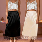 Ellames Women's 2 Pieces Lace Half Slips for Under Dresses Satin Long Underskirt Half Slip Shirt Skirt Extender Single Slit 78 Black, Nude 27" L