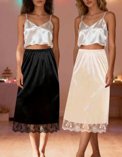 Ellames Women's 2 Pieces Lace Half Slips for Under Dresses Satin Long Underskirt Half Slip Shirt Skirt Extender Single Slit 78 Black, Nude 27" L