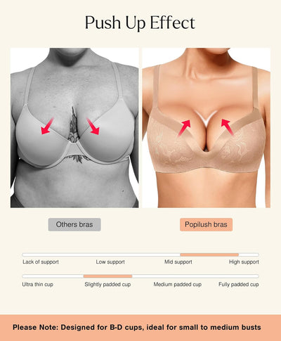Popilush Lace Wireless Bras with Support and Lift - Push Up Bra for Women No Underwire Comfy Deep V Bralettes Fits B-D Cups