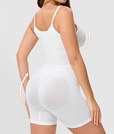 Nebility White Bodysuit Women - Seamless V Neck Shapewear Body Suits Smooth Fit Gong Out Wear Body Shaper Mid Thigh Shorts