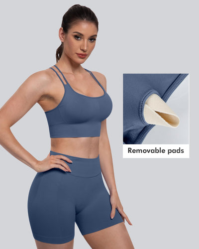 CHRLEISURE Sports Bras for Women, 4 Packs Padded High Support Workout Yoga Seamless Criss-Cross Racerback Bras(BlackNavyLGreyPink, M)
