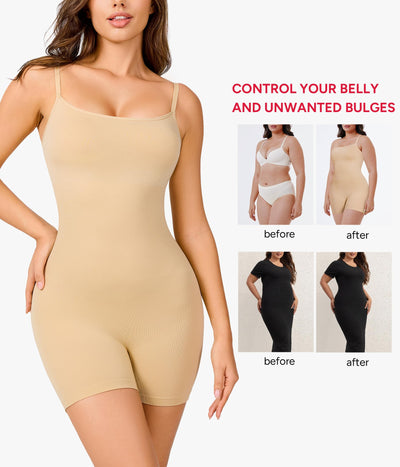 Nebility Seamless Shapewear Bodysuit Women - Tummy Control Square Neck Full Body Shaper for Layering Under Clothes Beige Body Suit Top for Everyday