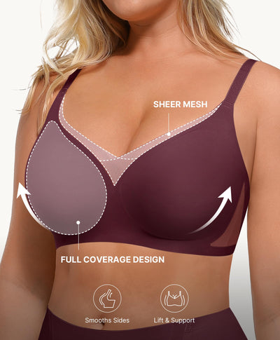 SHAPELLX Bra for Women Wireless Push Up Bra with Lift and Support Soft No Underwire Bralette Minimizer Bra for Back Fat Smoothing Maroon L