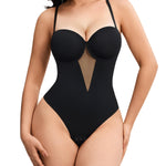 Nebility Shapewear Bodysuits for Women Thong Tummy Control Body Suits Sheer Mesh V-Neck BodySuit with Built-in Bra Black