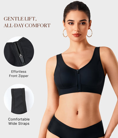 BRABIC Front Closure Post Surgery Bras for Women Wireless Compression Bra with Zipper Black, XX-Large