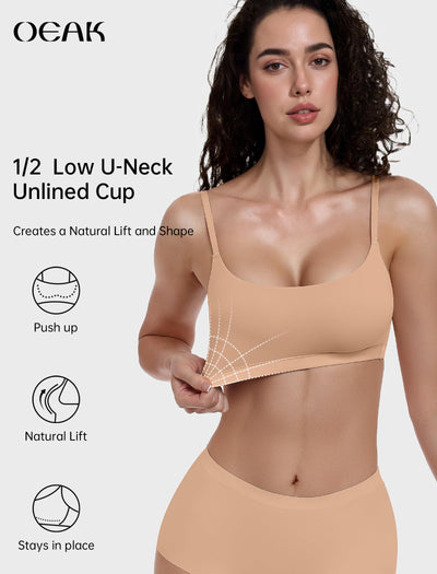 OEAK Womens Comfortable Bras No Underwire Cami Bra Seamless Unlined Bralettes Scoop Neck Unpadded Everyday Sports Tshirt Bra Nude,XL