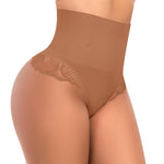 Werena Women Shapewear Tummy Control Thong High Waisted Body Shaper Underwear Lace Shaping Panties Slimming Panty Girdle(#B Lace Latte(Mid Waisted), Small)
