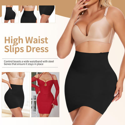 JOYSHAPER Shapewear Dress Slip for Women Half Slips Tummy Control Skirt Under Dress Body Shaper Dress Black S