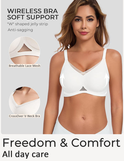 Gailife Womens Wireless V Mesh Comfortable Bra Seamless Bralette Push Up Brassiere No Underwire Supportive Tshirt Everyday Bra, White, L