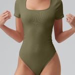 OQQ Women Bodysuits Ruched Short Sleeve Square Neck Stretch Lounge Travel Bodysuits Sauerkraut