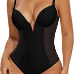 SHAPERIN Women's Deep V Neck Backless Body Shaper Bra Faja Plunge Low Back Thong Shapewear Tummy Control Bodysuit