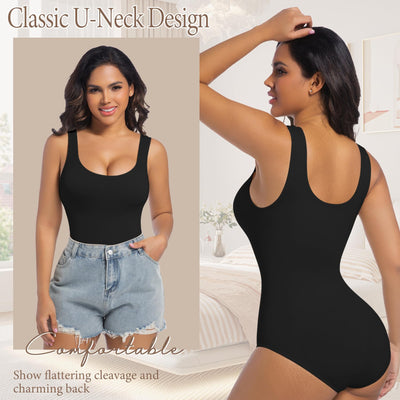 ONEW Womens Shapewear Bodysuits Tummy Control Body Shaper Seamless Sleeveless Waist Trainer for Women Scoop Neck Going out Tops,Black,Large