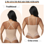 JOYSHAPER Thong Bodysuit for Women Tummy Control Low Back Shapewear Corset Body Suit Tops Deep Plunge Body Shaper with Underwire Nude M