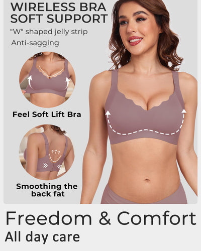 Gailife Scalloped Lift Bras for Women Soft Push Up Wireless Bra Supportive V Neck No Underwire Seamless Tshirt Bralettes, Grey, M