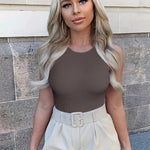 OQQ Women's 3 Piece Bodysuits Sexy Ribbed One Piece Sleeveless Halter Neck Tops Leotard Summer Trendy Black Tea leaf Beige