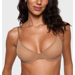 INLYRIC Women's Cosnufy Sheer Balconette Bra Demi Unlined Plunge Mesh See Through Sexy Bras Underwire Gravel Beige 36D