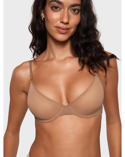 INLYRIC Women's Cosnufy Sheer Balconette Bra Demi Unlined Plunge Mesh See Through Sexy Bras Underwire Gravel Beige 36D