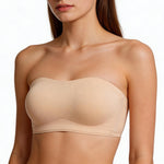 Strapless Bras for Women Wirefree Non-Slip Bandeau Bra, Seamless Padded Tube Top Invisible Bralette with Secure Comfortable Fit (Large) Beige