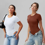 OQQ Women's Crew Neck Short Sleeve Bodysuit Ruched Stretch Vacation Basic for Tops Spring & Summer White