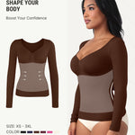 FeelinGirl Shapewear for Women Tummy Control Compression Tops Body Shaper Long Sleeve Shirts V Neck Shapewear Brown X-Small