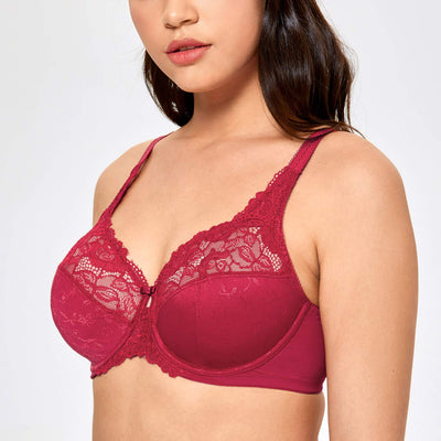 DELIMIRA Women's Plus Size Full Coverage Underwire Unlined Minimizer Lace Bra Dark Red 36E