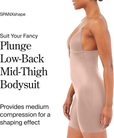 SPANX SPANXshape Suit Your Fancy Plunge Low-Back Mid-Thigh Bodysuit - Comfortable One Piece - Medium Compression - Seamless