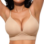 SHAPELLX Bra for Women Deep V Wireless Pushup Bra Plunge Seamless Comfortable Bras Unlined Tshirt Adjustable (Large Beige)