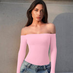 OQQ Bodysuits Womens Off-Shoulder Long Sleeve Seamless Shapewear Tops Pink cherry blossom