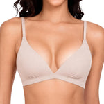 Wenera Triangle Bralette Wireless Padded Pull On Plunge Bra(Nude) | Removable Thin Pads, Soft Support, No Underwire, Seamless, Sexy Low Cut V Neck Lingerie for Everyday
