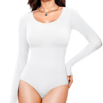 Nebility Long Sleeve Bodysuit for Women Tummy Control Crew Neck Body Suits Tops Slim Fit (White, Large)