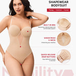 Nebility Shapewear Bodysuits for Women Thong Tummy Control Body Suits Sheer Mesh V-Neck BodySuit with Built-in Bra Beige