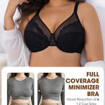Minimizer Bras for Women Lifting Full Coverage Underwire Lace Bras Plus Size Unlined Breathable Bra for Heavy Breast (US, Cup Band, DDD, 38, Black)