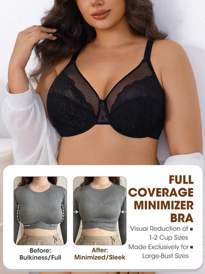 Minimizer Bras for Women Lifting Full Coverage Underwire Lace Bras Plus Size Unlined Breathable Bra for Heavy Breast (US, Cup Band, DDD, 38, Black)