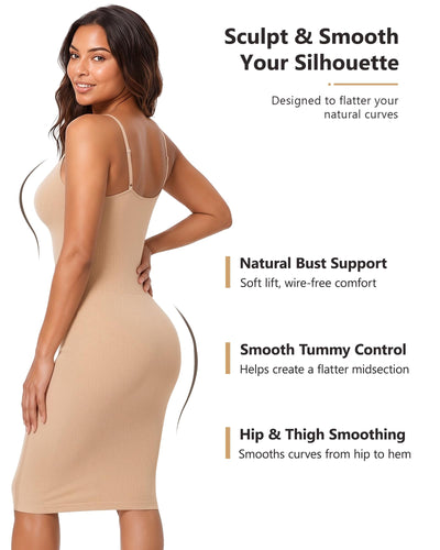AOSIMANNA Full Body Shapewear Dress for Women - Tummy Control Body Shaper Slip with Adjustable Straps, Seamless Invisible Under Dress, Long Smoothing Slip for Wedding & Party, Nude, XL