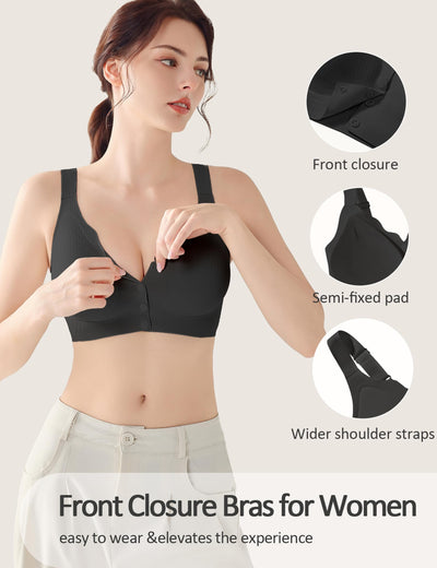 Gailife V Neck Jelly Front Closure Bras for Women Wireless Mastectomy Bralettes Full Coverage Comfortable Seamless Support Bra, Black, L