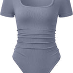 OQQ Women Bodysuits Ruched Short Sleeve Square Neck Stretch Lounge Travel Bodysuits