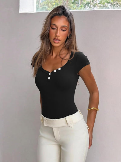 OQQ Women Bodysuit Short Cap Sleeves Tummy Control One Piece Going Out Tops