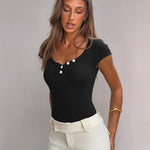 OQQ Women Bodysuit Short Cap Sleeves Tummy Control One Piece Going Out Tops Black