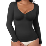 FeelinGirl Tummy Control Shapewear Compression Shirt Women Long Sleeve Shapewear Top Slimming Body Shaper V Neck Black Large