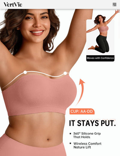Vertvie Strapless Bra Wireless Non-Slip Push Up Bandeau Bras for Women Full Support Tube Tops Padded Bralette S-Large Breasts(Pink,Large)