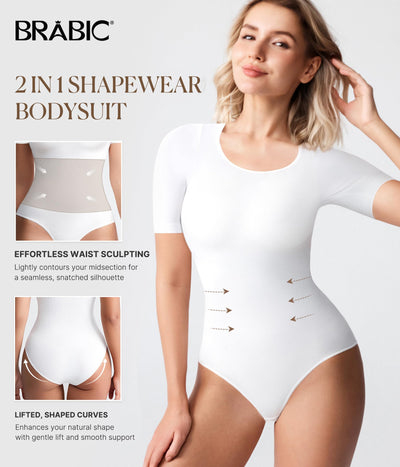 BRABIC Womens Bodysuit Shapewear for Tummy Control Seamless Sleeveless Tank Tops Body Shaper (Medium, White Short Sleeve)