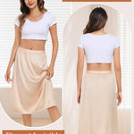 Vlazom Women's Satin Half Slip Lace Slip Skirt Long Half for Under Dress Skirt Extender Nude Size Small