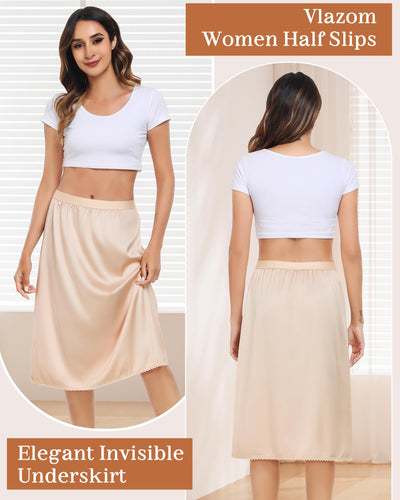 Vlazom Women's Satin Half Slip Lace Slip Skirt Long Half for Under Dress Skirt Extender Nude Size Small