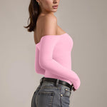 OQQ Bodysuits Womens Off-Shoulder Long Sleeve Seamless Shapewear Tops Pink cherry blossom
