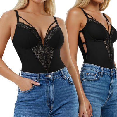 Popilush Lace Bodysuits for Women Corset Shapewear Tummy Control Body Suits V Neck Thong Underwired Outfits Side Zipper