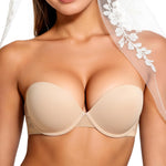 Amafuur Strapless Push Up Bras for Women Padded Add One Cup with Clear Straps Convertible Multiway Bra Underwire, Nude, 32A
